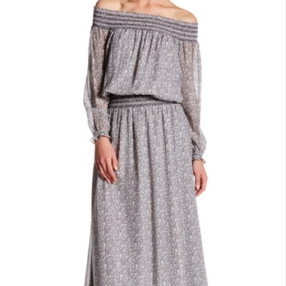 Rebecca Minkoff Cara Maxi Floral Dress Chiffon Off the Shoulders Boho Gray XXS